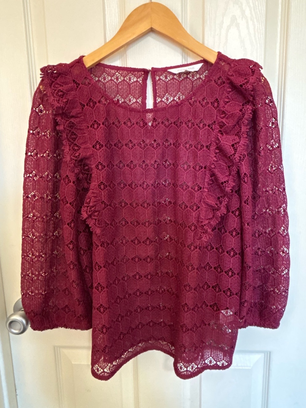 Garnet Hill Magenta Lace Sheer Blouse Ruffle Detail Romantic Top